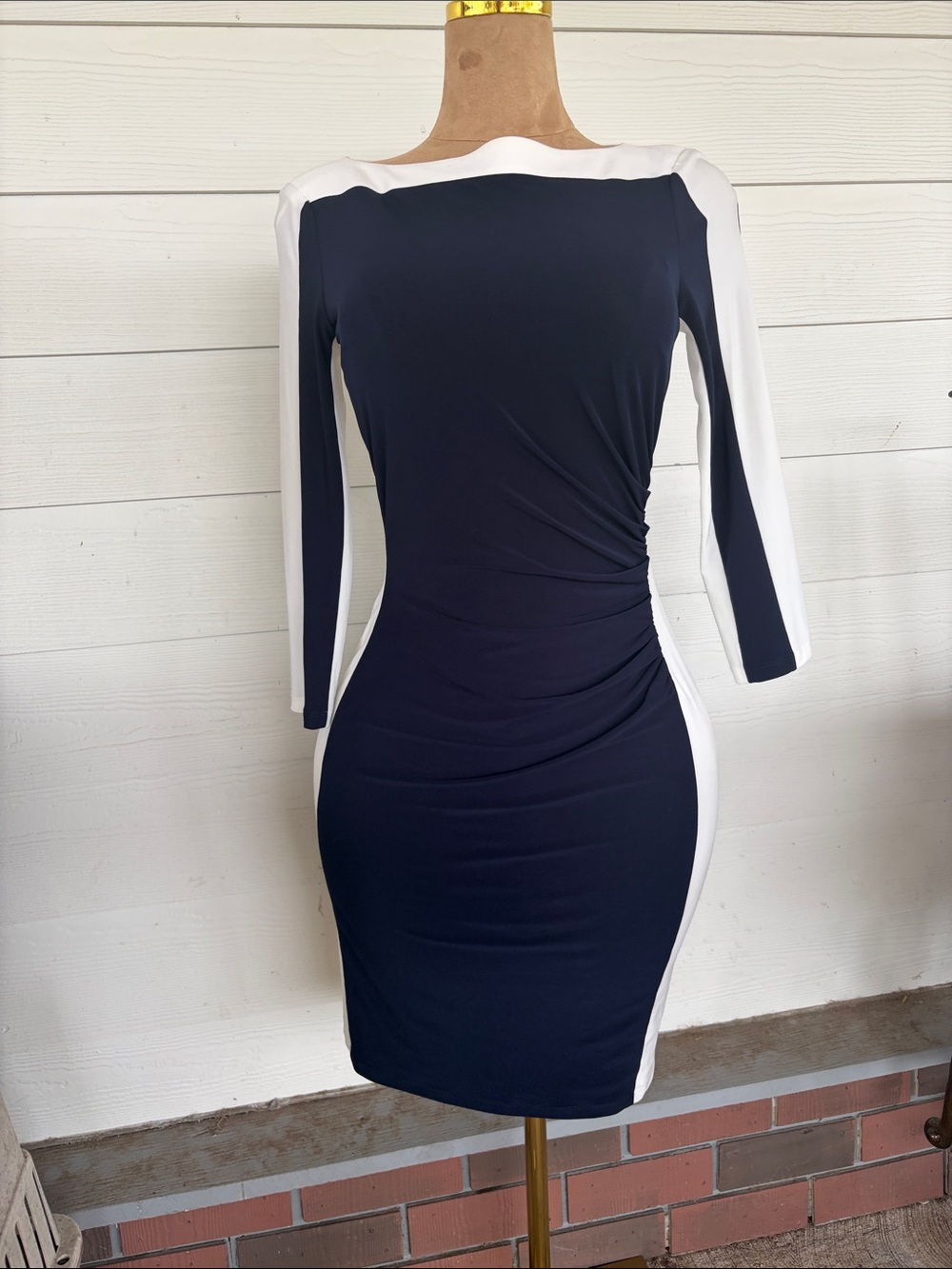 Lauren Ralph Lauren Navy and White Long-Sleeve Bodycon Dress